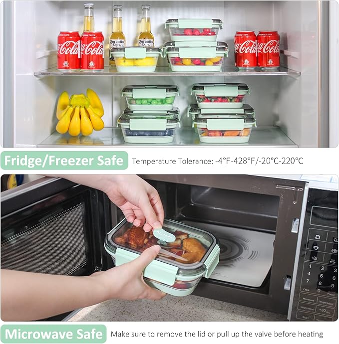 Collapsible Food Storage Containers with Lid & Air Vent, Clear Stacking Silicone Collapsible Food Container Set, Microwave Freezer Dishwasher Safe Space-Saver, Set of 4, Mint Green