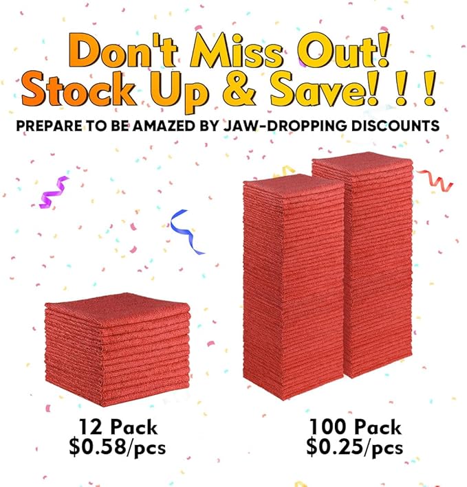 HOMEXCEL Red Shop Towels 100 Pack, Reusable Microfiber Cleaning Cloth Bulk, Multipurpose Microfiber Towels for Car, House and Kitchen, Highly Absorbent Cleaning Rags 11.5 x 11.5 inch
