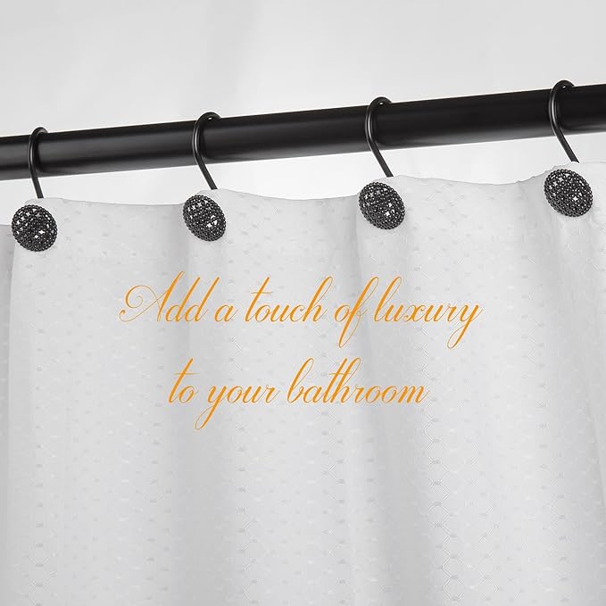 Pearlbee Black Shower Curtain Hooks Rings, Rust-Resistant Metal Glide Shower Hooks for Bathroom Shower Rods, Bathroom Accessories Set of 12 Hooks - Matte Black