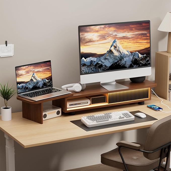 Artswish Wood Monitor Riser Stand with Charging Station & Light Strip, Adjustable Angle Dual Monitor Stand for Desk, Computer Desk Shelf with Sliding Door, Wooden Organization for Top of Desk, Walnut