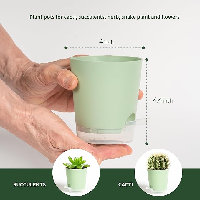 4 Inch 10 Pack Small Self Watering Pots for Indoor Plants, Nursery Pot with Drainage Holes and Saucers, Plastic Small Flower Planter for Succulent, Aloe, Cacti and More (Green)