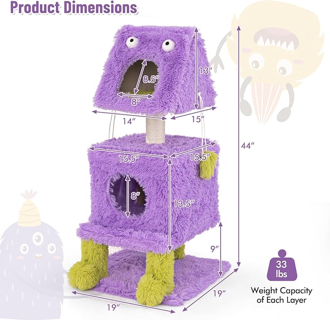Tangkula Monster-Themed Cat Tree, 3-Level Cat Tower Activity Center with 2 Private Cat Condo, Sisal Scratching Posts & Hanging Toys, Long Plush Cute Cat Tree Tower for Indoor Cats (44 Inch)