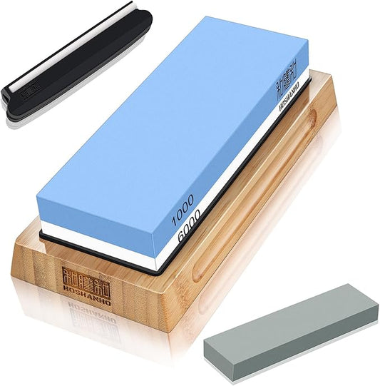 HOSHANHO Knife Sharpening Stone Set, Dual Grit Whetstone 1000/6000 Knife Sharpener, Wet Stone for Sharping Knives with Non-slip Rubber Base Angle Guide