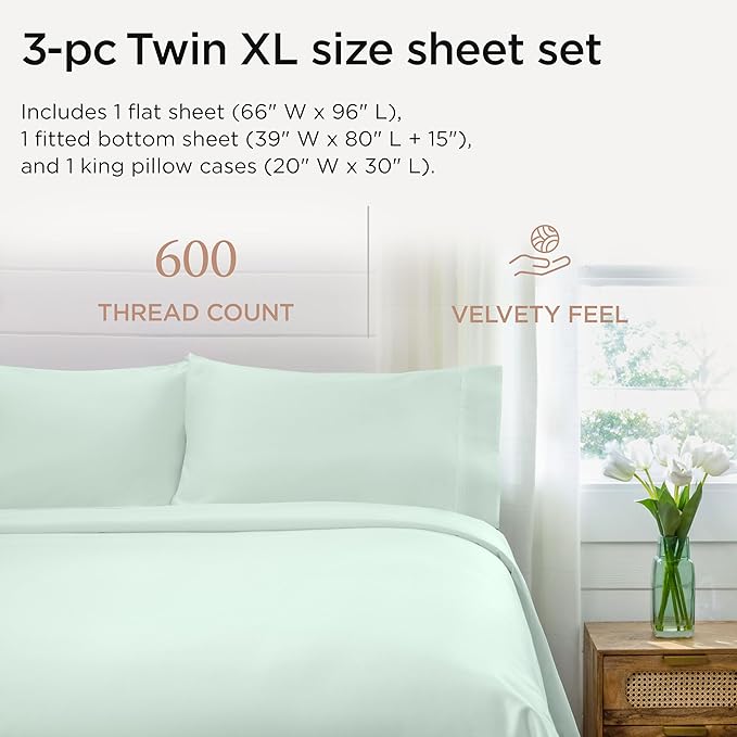 Threadmill Sheets for Twin XL Mattress | 600 Thread Count Twin XL Bed Sheets Set with 15” Deep Pocket | Sateen Weave 3-Piece Bedding Set with Cooling Effect | Seaglass