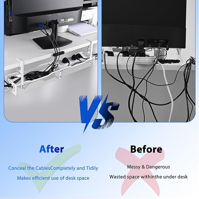 Under Desk Cable Management Box 25.3 Inch – No-Drill Cable Organizer Tray, Large Cord Management Box for Office & Home, Wire Organizer Under Desk Storage, White