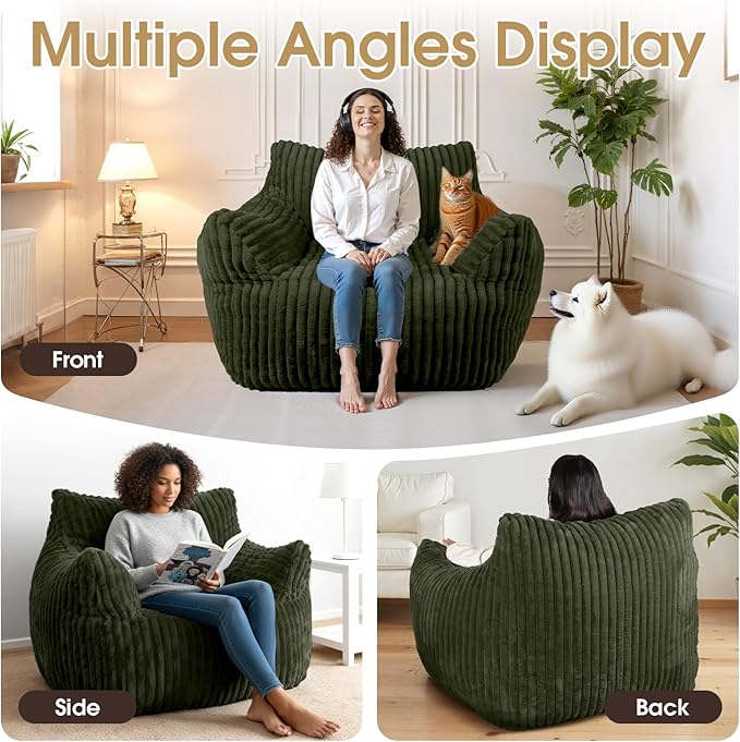 Giant Bean Bag Chair, Oversized Plush Comfy Bean Bag Sofa for Adults and Kids with Armrests, Memory Foam Mini Couch Single Lounges for Living Room, Bedroom & Game Room(Green)