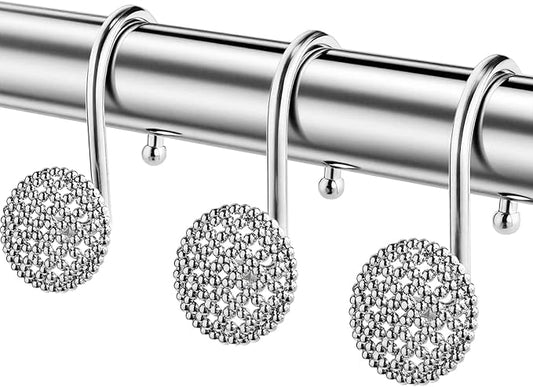 Pearlbee Chrome Shower Curtain Hooks, Silver Shower Curtain Rings Hooks, Rust Proof Shower Curtain Hooks, Bathroom Shower Hooks for Curtain, Metal Shower Hooks for Shower Curtain Rod