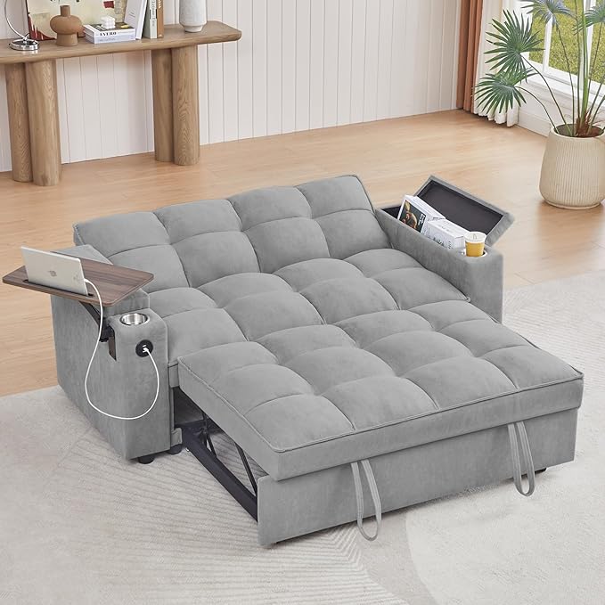 65'' Convertible Sleeper Sofa Bed with Adjustable Backrest, Chaise Lounge, Side Table & USB/Type-C Ports – Stylish & Functional Addition to Any Living Room (Light Grey)