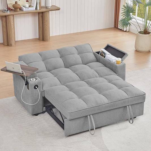 65'' Convertible Sleeper Sofa Bed with Adjustable Backrest, Chaise Lounge, Side Table & USB/Type-C Ports – Stylish & Functional Addition to Any Living Room (Light Grey)