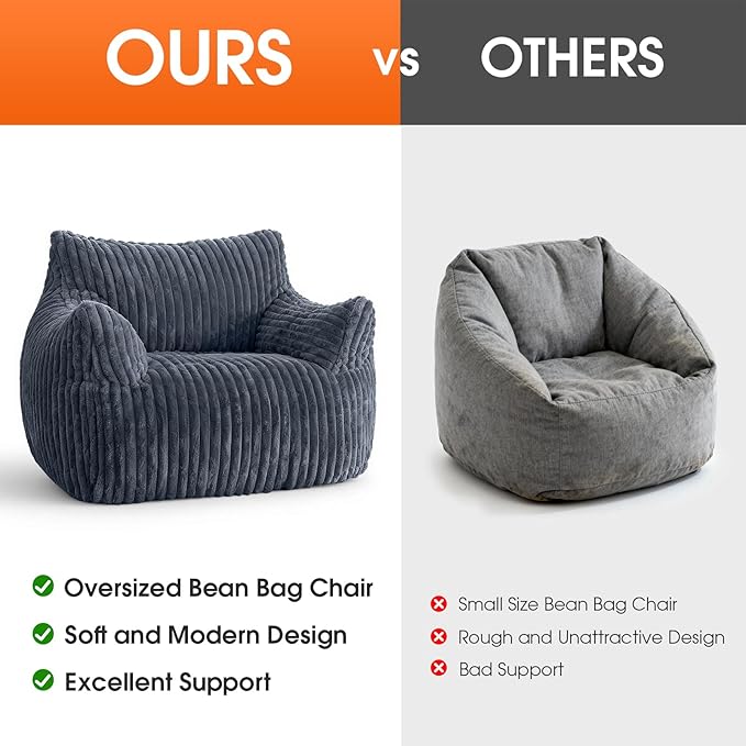 Giant Bean Bag Chair, Oversized Plush Comfy Bean Bag Sofa for Adults and Kids with Armrests, Memory Foam Mini Couch Single Lounges for Living Room, Bedroom & Game Room(Gray)