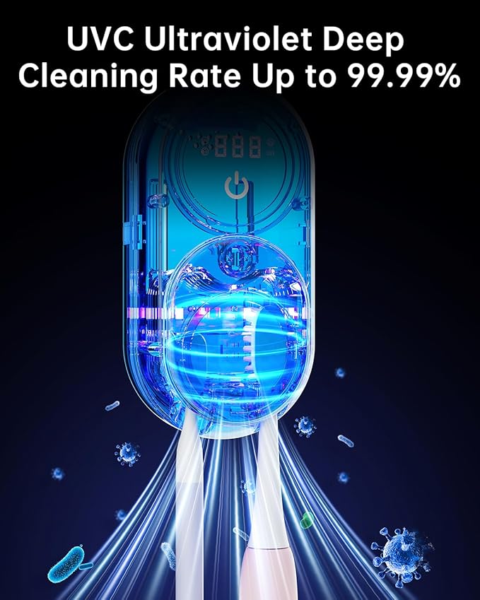 Toothbrush Holder & Toothbrush Cleaner, UV Toothbrush Sanitizer and Holder 2 Slots, Cleaning and Fan & Heat Drying, LED Smart Screen, Wall Mounted Tooth Brush Holder for Bathrooms (Black)