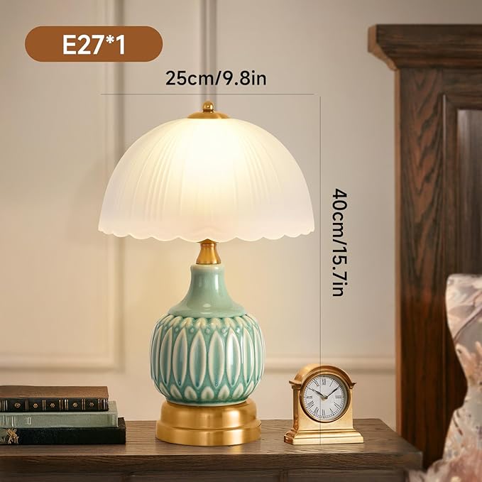 Table Lamps for Bedroom Vintage Golden Table Lamps for Bedroom Ceramic Retro Lamp for Living Room,16" Modern Bedside Nightstand Traditional Lamps, Classic Chinoiserie Green Glass Lamp for Home Decor