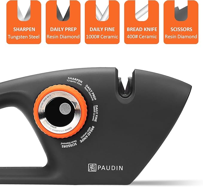 PAUDIN Knife Sharpener, Kitchen Knife Sharpener, 5 Stage Knife Sharpeners for Kitchen Knives, Pocket, Serrated Knives & Scissors, Blade Sharpening, Honing & Polishing Tool, Black