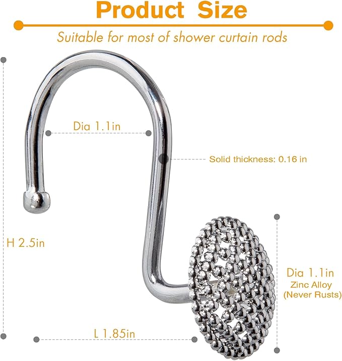 Pearlbee Chrome Shower Curtain Hooks, Silver Shower Curtain Rings Hooks, Rust Proof Shower Curtain Hooks, Bathroom Shower Hooks for Curtain, Metal Shower Hooks for Shower Curtain Rod