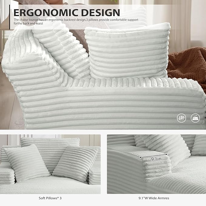 50 Inches Chaise Lounge Indoor, Oversized Chaise Lounge Chair with 3 Throw Pillows and Armrests, Corduroy Upholstered Plush Sofa Bed Lazy Chair Bed Sleeper Chair for Living Room Apartment (Light Grey)