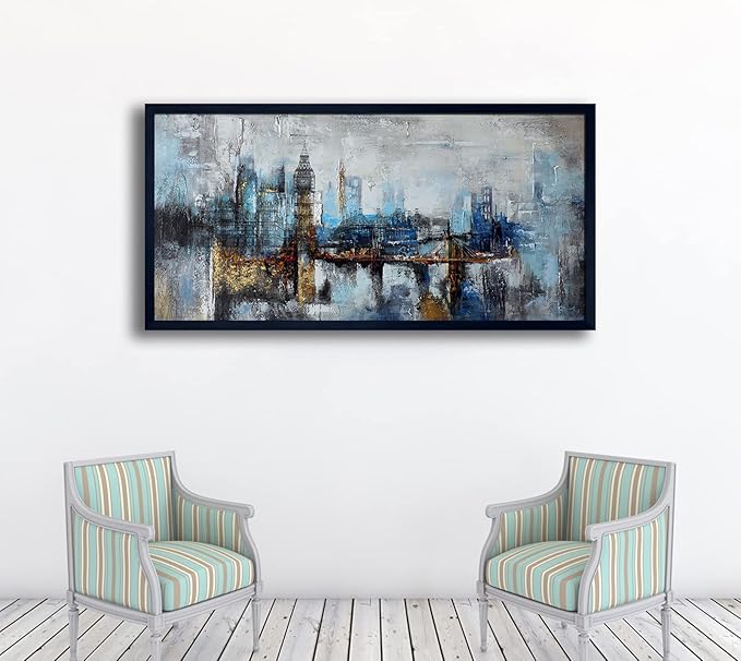 Large Wall Art for Bedroom Abstract City View Canvas Art Gray Blue Buildings Prints for Bedroom Wall Art Office Artwork Wall Decor for Living Room Decor 29x58 inches Black Framed