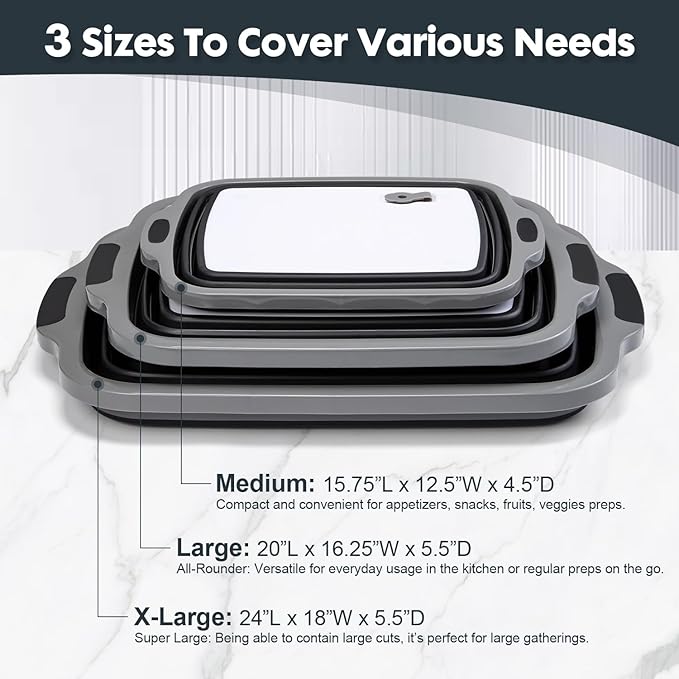 TANOSHII 3-Piece Collapsible BBQ Prep Tubs with Lids and Built-in Cutting Board – For Meal Prep Marinating Food Storage&Washing – Picnic Camping – Set of 3 – (1) Medium + (1) L + (1) XL – Black