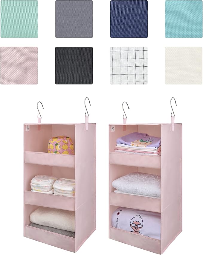 GRANNY SAYS 3 Shelf Hanging Closet Organizers and Storage, Collapsible Closet Storage Organizer with 2 Metal Hooks, Leak-Proof Hanging Shelves for Kids Clothes, Baby Towels, 2 Pack, Pink