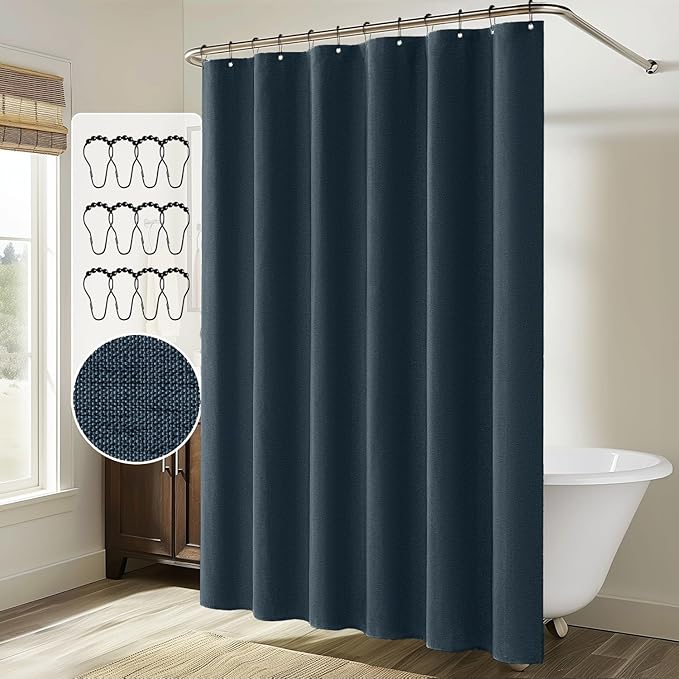 MIULEE Extra Long Linen Shower Curtain 84 Inch Long with 12 Metal Hooks Washable Heavy Fabric Shower Curtain Set Waterproof Thick Cloth Shower Curtain for Bathroom Hotel Bathtub,72 x 84,Navy Blue