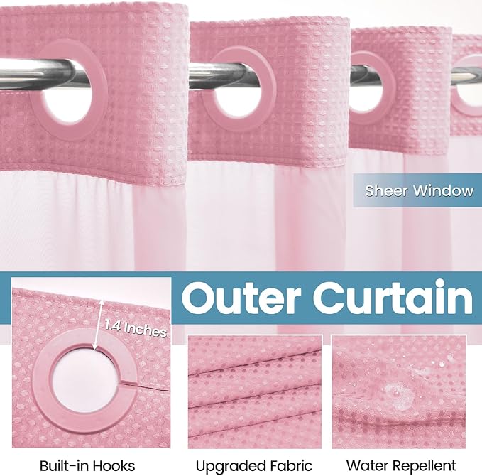 Pink Shower Curtain with Liner - 230GSM Waffle Textured Heavy Duty Shower Curtains for Bathroom,71W x 74H