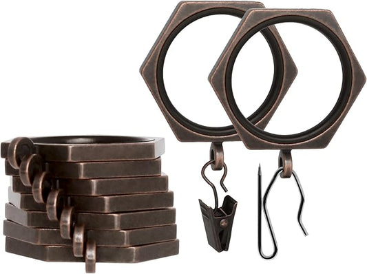 BlastHome® Luxury Curtain Rings - Premium Metal with Quiet, Smooth Nylon Inserts - Pinhooks and Clips Included - 1 1/2" Inside Diameter - 9 Rings for One Standard Curtain - Oil Rubbed Bronze