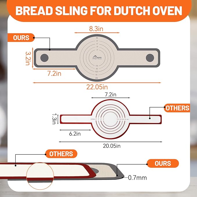 HOTEC Silicone Bread Sling for Dutch Oven - 2 Pack Non-Stick Baking Mat with Long Handle Easy to Transfer Sourdough Bread, Reusable Heat Resistant to 500°F/260°C Dutch Oven Liners Baking Supplies