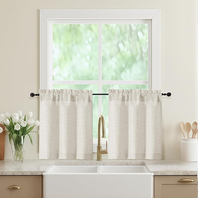 Natural Kitchen Curtains 24 Inch Length 2 Panels, Light Filtering Faux Linen Textured Short Curtains Tier for Windows, Small Curtain for Cafe Cabinet Bathroom Basement RV Camper, 30" Wx24 L