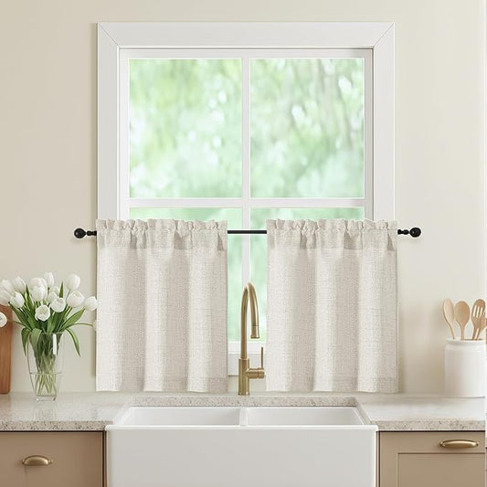 Natural Kitchen Curtains 24 Inch Length 2 Panels, Light Filtering Faux Linen Textured Short Curtains Tier for Windows, Small Curtain for Cafe Cabinet Bathroom Basement RV Camper, 30" Wx24 L