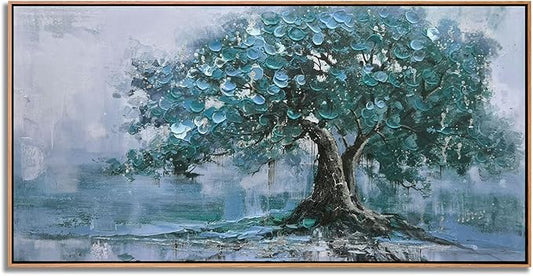 Ardemy Framed Tree Canvas Wall Art for Living Room Teal Tree of Life Landscape Bedroom Pictures Wall Decor Nature Paintings Artwork for Walls Home Office Dining Room Kitchen 40"x20"