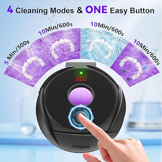 Ultrasonic Retainer Cleaner Machine 45khz Cleaning Pod for Denture Cleaner 200ml Mouth Guard, Aligner, Night Guard, Jewelry, 4 Cleaning Modes Digital Timer, Gifts for Women, Christmas Gifts, Black