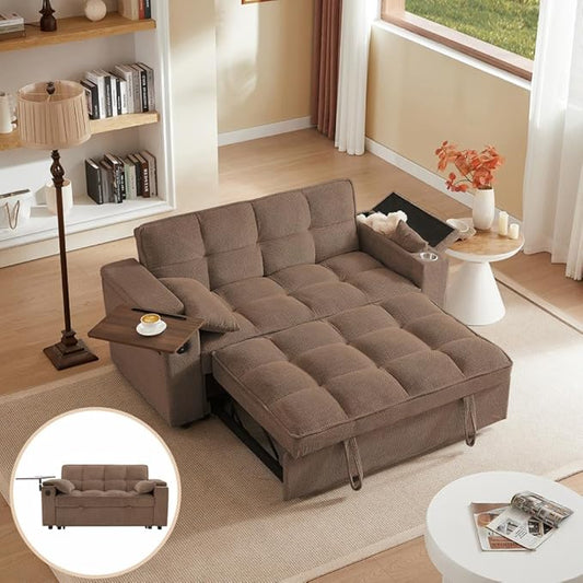 65'' Convertible Sleeper Sofa Bed with Adjustable Backrest, Chaise Lounge, Side Table & USB/Type-C Ports – Stylish & Functional Addition to Any Living Room (Brown)