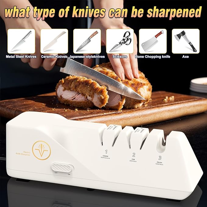Professional Electric Knife Sharpeners with 100% Diamond Abrasives and Precision Angle Guides, Multifunctional 3-Stage Slots, Applicable to Straight Knife and Ceramic Knife