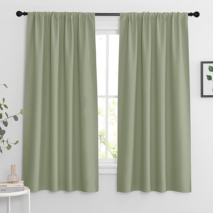 RYB HOME Curtains for Bedroom 63 inches Long, Blackout Thermal Insulating Window Treatment Drapes for Living Room Bathroom Basement Laundry Classroom, W 34 x L 63, Sage Green, 2 Panels
