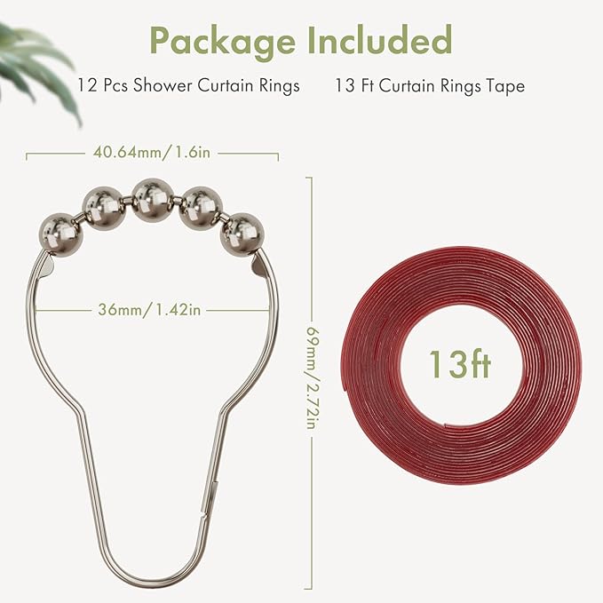 Amazer Shower Curtain Hooks, Decorative Shower Curtain Hooks Smooth, 12pcs Shower Hooks and 13ft Clear Curtain Hooks Prevents Shower Hooks from Snagging