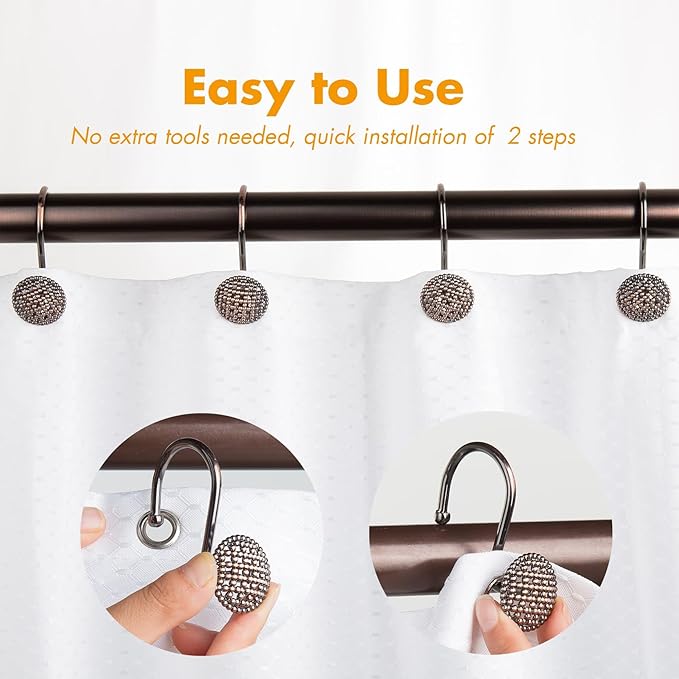 Pearlbee Bronze Shower Curtain Hooks Rings,Oil Rubbed Bronze Decorative Shower Curtain Hooks,Rustproof Vintage Shower Hooks for Bathroom,Set of 12