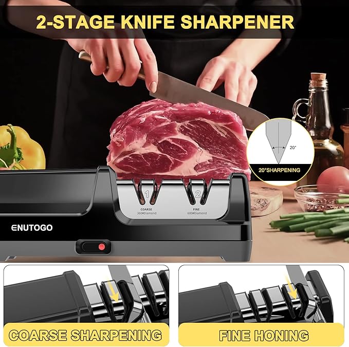 Knife Sharpener, Professional 2-Stages Eleltric Knife Sharpeners with Diamond Abrasives for 20-Degree Straight Edge, Knife Sharpener for Kitchen Knives with Sharpening and Polishing