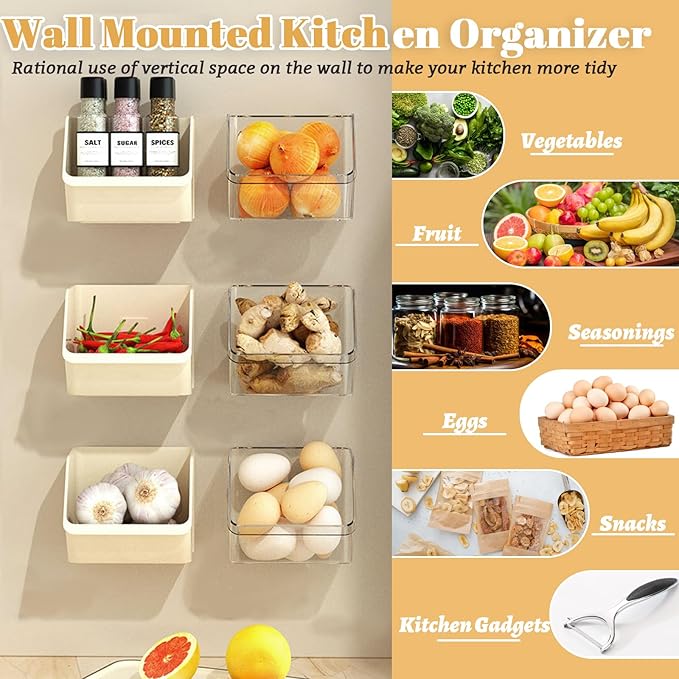 3 Pack Wall Mounted Storage Organizer Bins, Floating Shelves Fridge Organizer Storage Bins, Stackable Organizer Basket for Wall, Refrigerator, Kitchen, Bathroom, Countertops, Pantry (White)