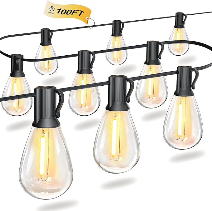Outdoor String Lights 100FT for Outside Patio Lights with 50+2 Shatterproof S14 LED Dimmable Bulb, Outside Hanging Light Waterproof for Porch Garden Fences Backyard Balcony Pathways 2700K