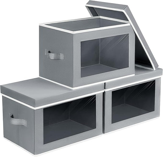 Decorative Bins with Lids - Stackable Cube Bins for Closet, 3 Pack Clear Windows Fabric Organizer Bins, Home Organizers and Storage for Clothes, CD, Towels, Grey