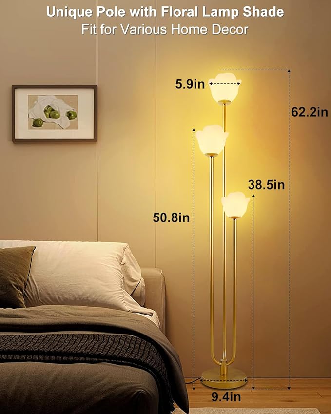 Lightdot 63IN Floral Floor Lamp 3-Lights Flower LED Floor Lamps with 3000K Warm White Bulbs with Candle Holder Style for Wedding Party Modern Gold Tall Floor Lamp for Living Room/Bedroom
