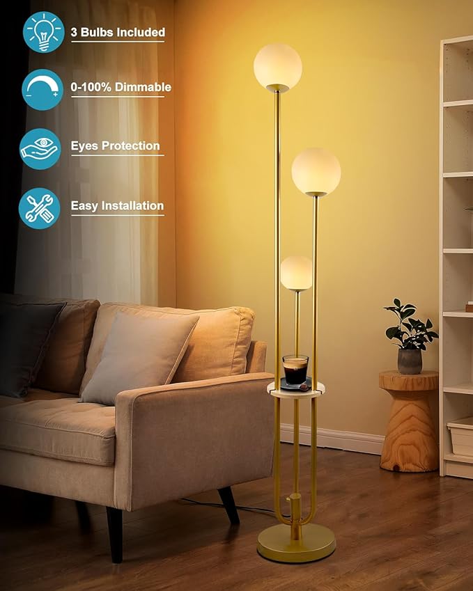 Lightdot LED Floor Lamp Dimmable Gold Globe Floor Lamps with Shelf Mid Century Modern Standing Lamp for Bedroom Living Room Home Office-Candle Holder Style Soft Eye-Caring