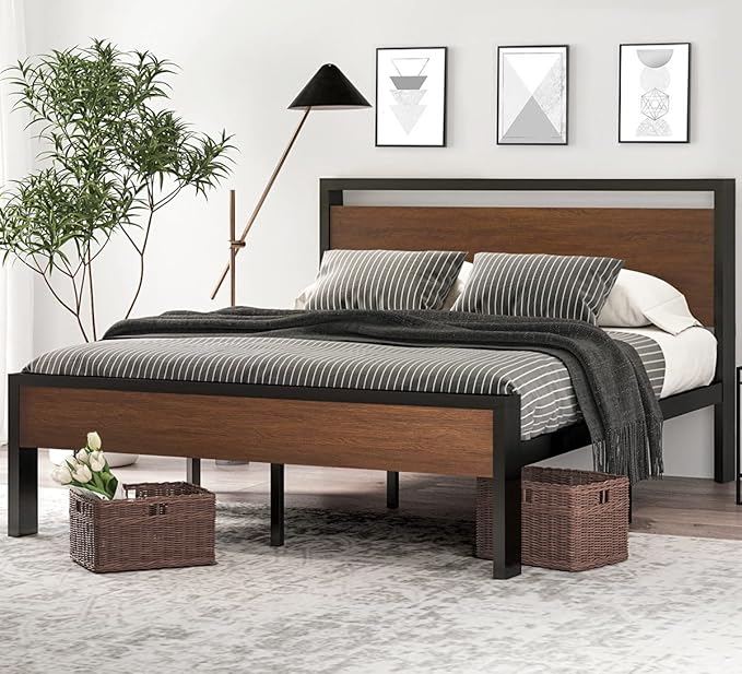 SHA CERLIN 14 Inch Full Size Metal Platform Bed Frame with Wooden Headboard and Footboard, Mattress Foundation, No Box Spring Needed, Large Under Bed Storage, Non-Slip Without Noise, Walnut
