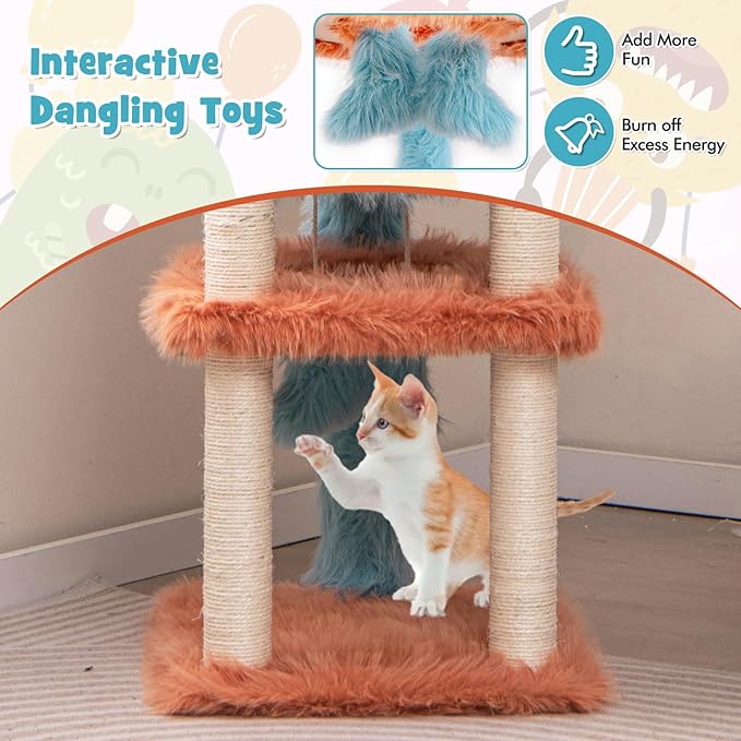 Tangkula Monster-Themed Cat Tree, 3-Level Cat Tower Activity Center with Large Cat Condo, Sisal Scratching Posts & Hanging Toys, Long Plush Cute Cat Tree Tower for Indoor Cats (34 Inch)