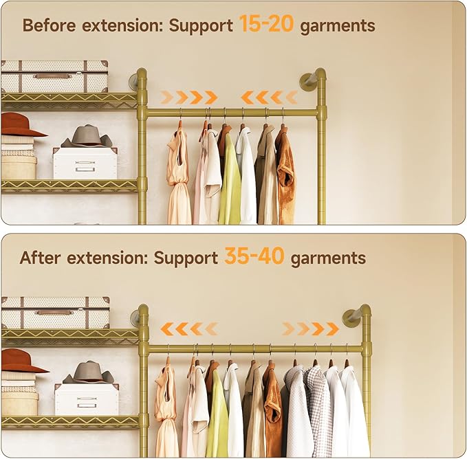 U5 Wall Mounted Closet System, Industrial Pipe Clothing Rack Garment Racks for Hanging Clothes, Heavy Duty Closet Organizers System in Wardrobe Closet, Gold