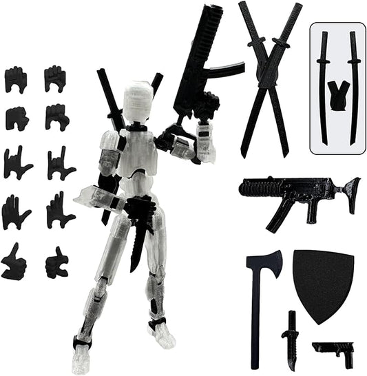 (Assembly Completed) 3D Printed Figure 5.54-inch Dummy13 with Weapon Expansion Set, Full Body Mechanical Movable Toy, Desk Decoration. (Transparent)