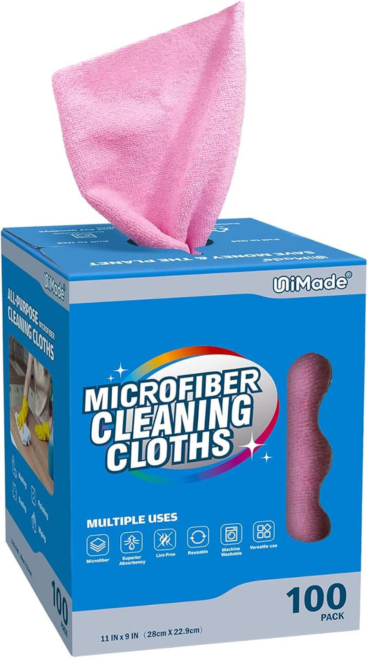 Microfiber Cleaning Cloth, 100 Sheets Microfiber Towels for Cars Commercial Grade Shop Towel Washcloths Lint-Free Bulk Cleaning Rags for Mechanic Restaurant Garage Housekeeping, 11"x 9", Pink
