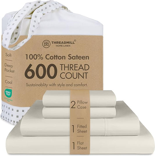 Threadmill Full Size Sheets | 600 Thread Count Bed Sheets Set with 16” Deep Pocket for Full Size Mattress | Sateen Weave 4-Piece Bedding Set with Cooling Effect | Taupe