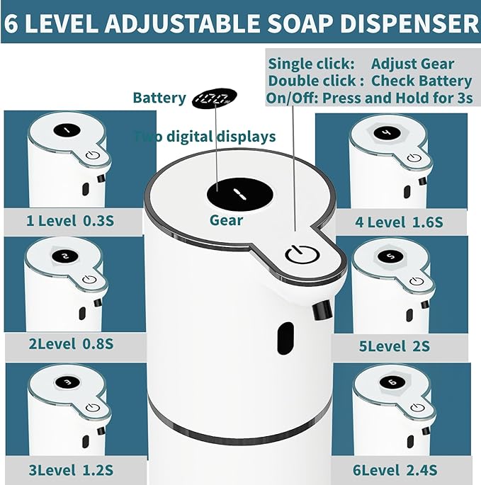 Automatic Soap Dispenser Touchless, Foaming Soap Dispenser 6 Adjustable Level Hands Free USB Rechargeable Dispenser Electric Wall Mounted Dish Dispenser Kitchen Bathroom