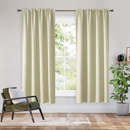 RYB HOME Bedroom Blackout Curtains 63 inches Long, 100% Blackout Thermal Insulated Noise Reducing Curtains for Living Room Nursury, 62 inches Wide by 63 inches Long, Beige