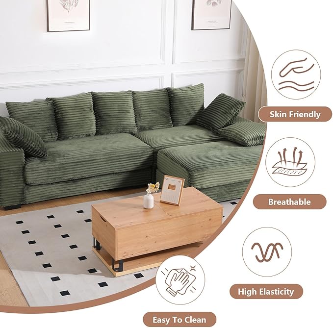 108" Oversized Sectional Sofa Modular Deep Seat Sofa Couch with Storage Ottoman, Comfy Upholstered Cloud Couches with 8 Pillows, Modern L-Shaped Corduroy Sofa Chaise for Living Room, Light Green